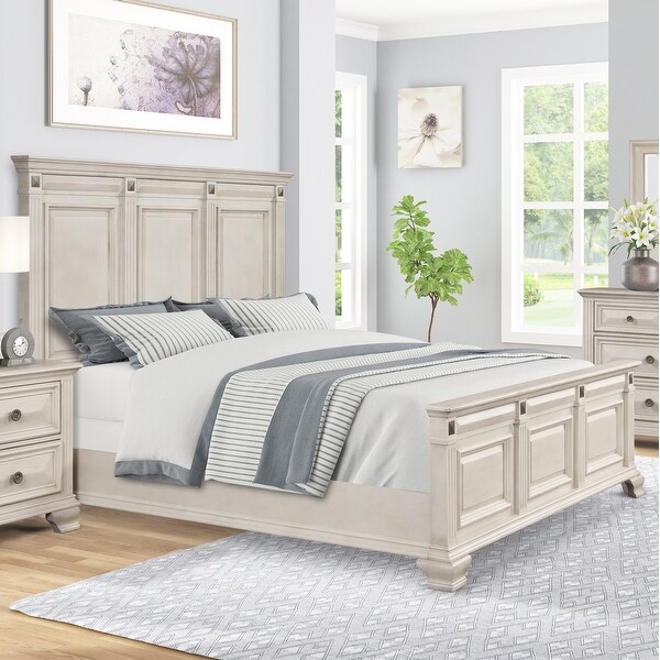 Roundhill Furniture Renova Distressed Parchment Wood Bedroom Set， Panel Bed， Dresser， Mirror， Nightstand - - 31525127