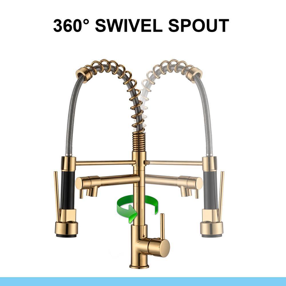 PROOX Single Handle Deck Mount Spring Pull Down Sprayer Kitchen Faucet with Pot Filler in Polished Gold PR22AARX291PG