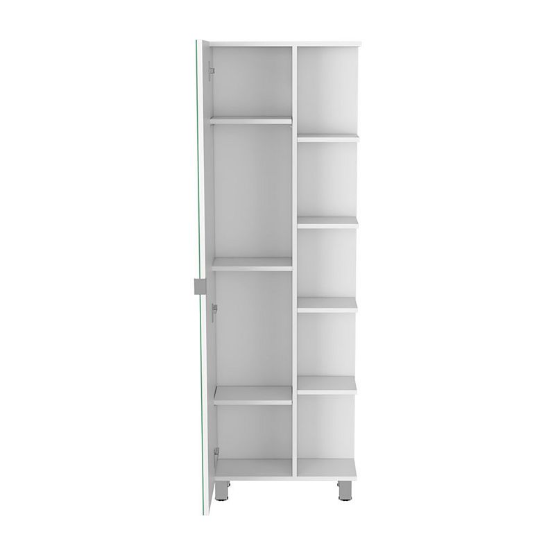 DEPOT E-SHOP Venus Mirror Linen Single Door Cabinet， Five External Shelves， Interior Shelves，White