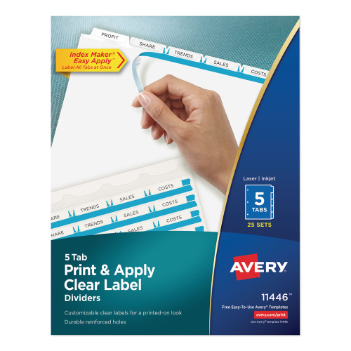 Avery Print and Apply Index Maker Clear Label Dividers， 5 White Tabs， Letter， 25 Sets (11446)