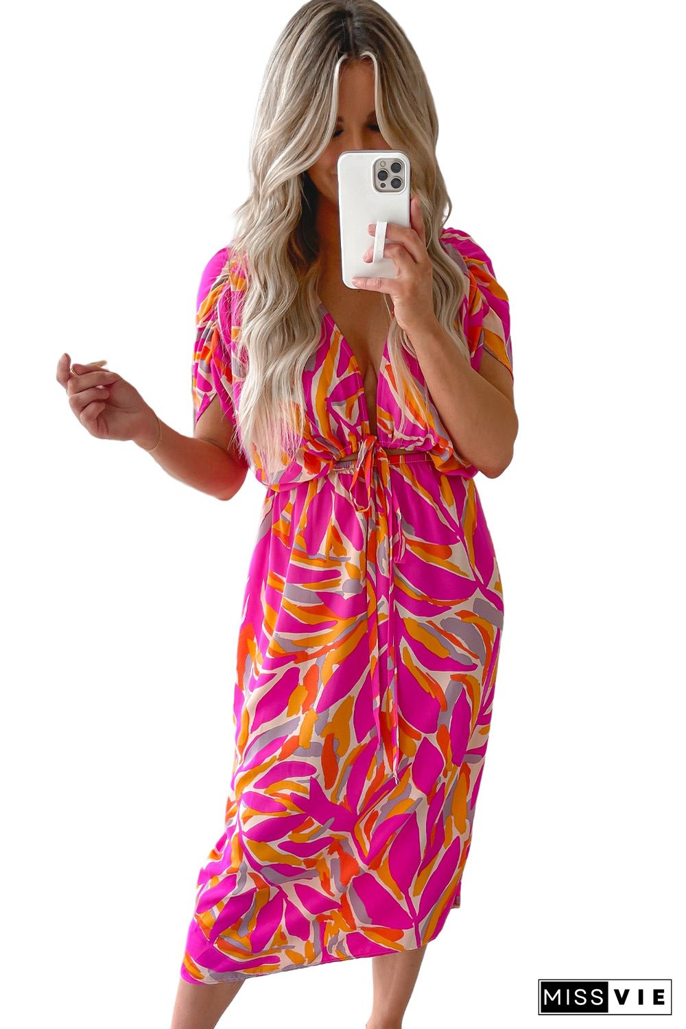 Rose Tropical Leafy Print Drawstring V Neck Midi Dress