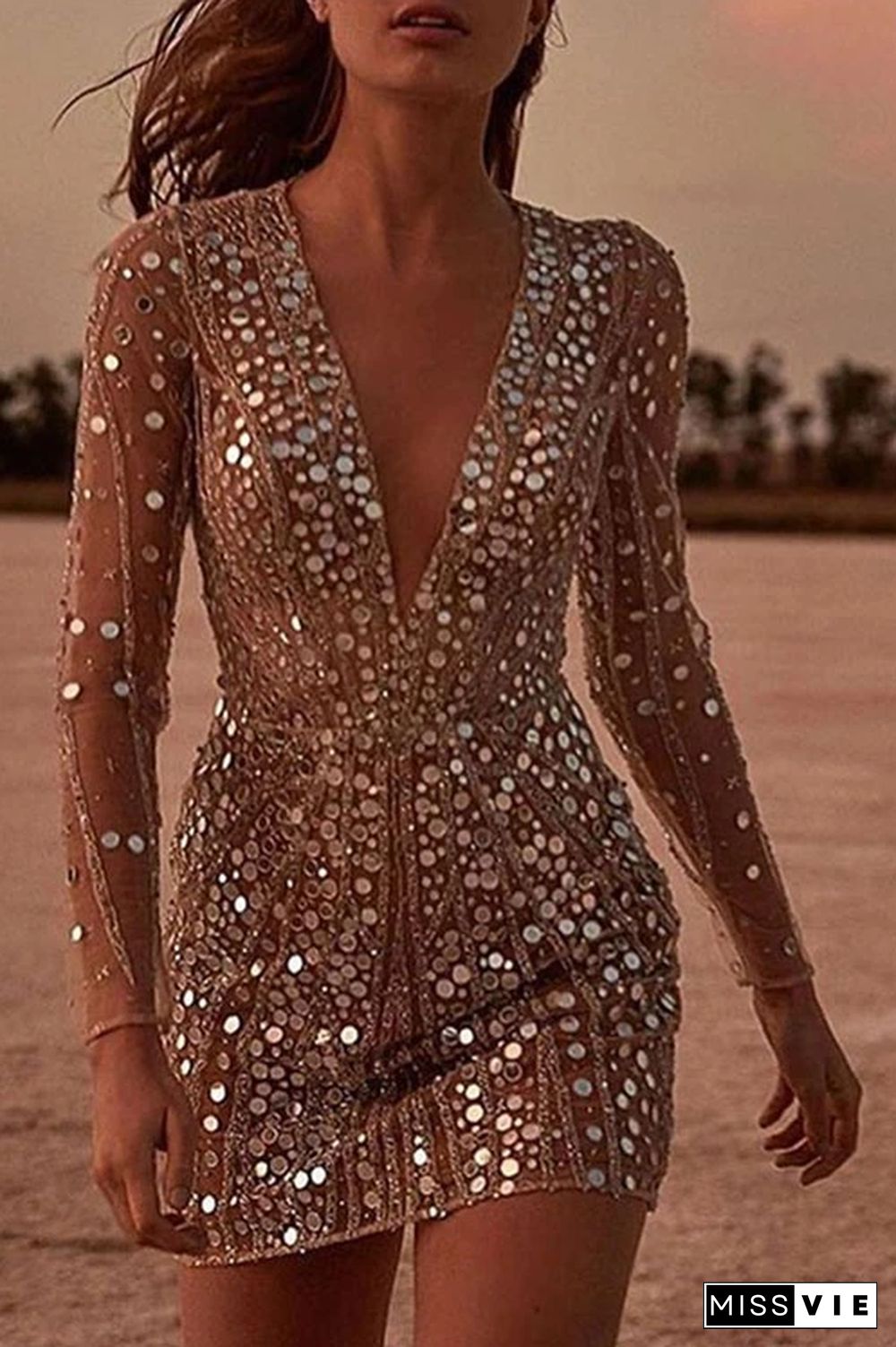 Deep V Neck Sequin Party Queen Dress