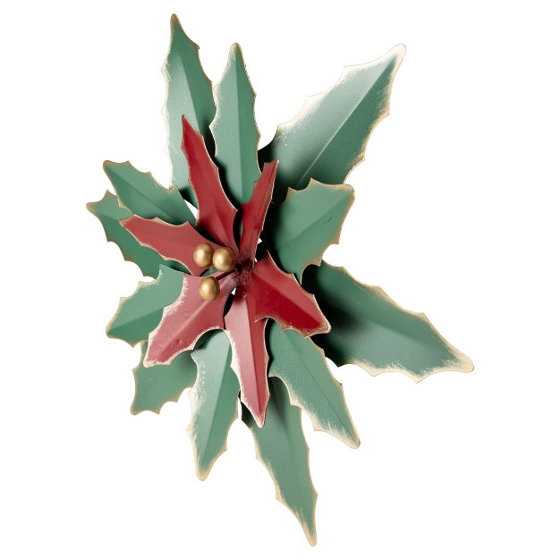 Small Green And Red Metal Poinsettia Christmas Wall Hanging