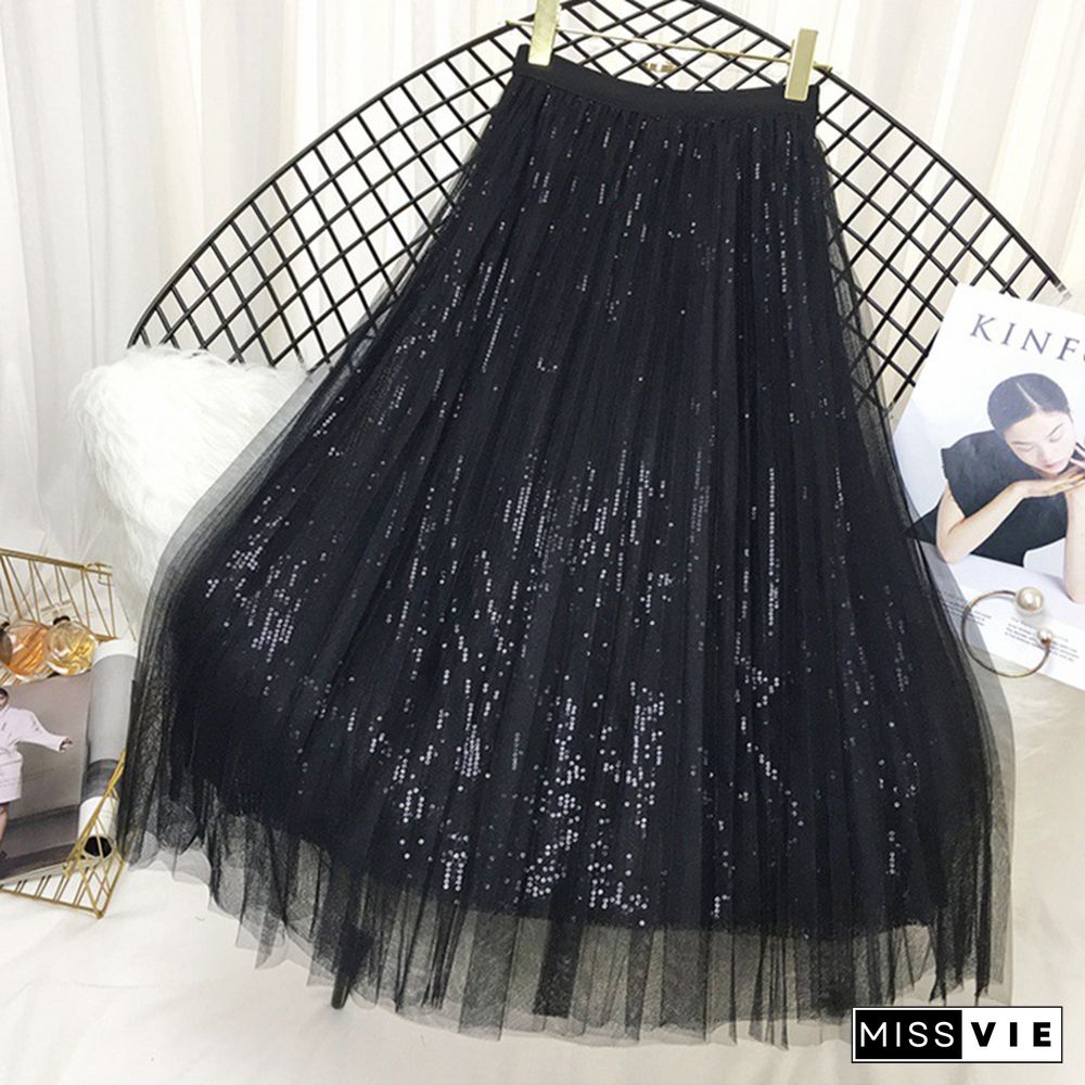 Spring Summer Skirts Women Korea Long Tulle Skirt Sequined Pleated A Line Midi Skirt Chic High Waist Skirt Female