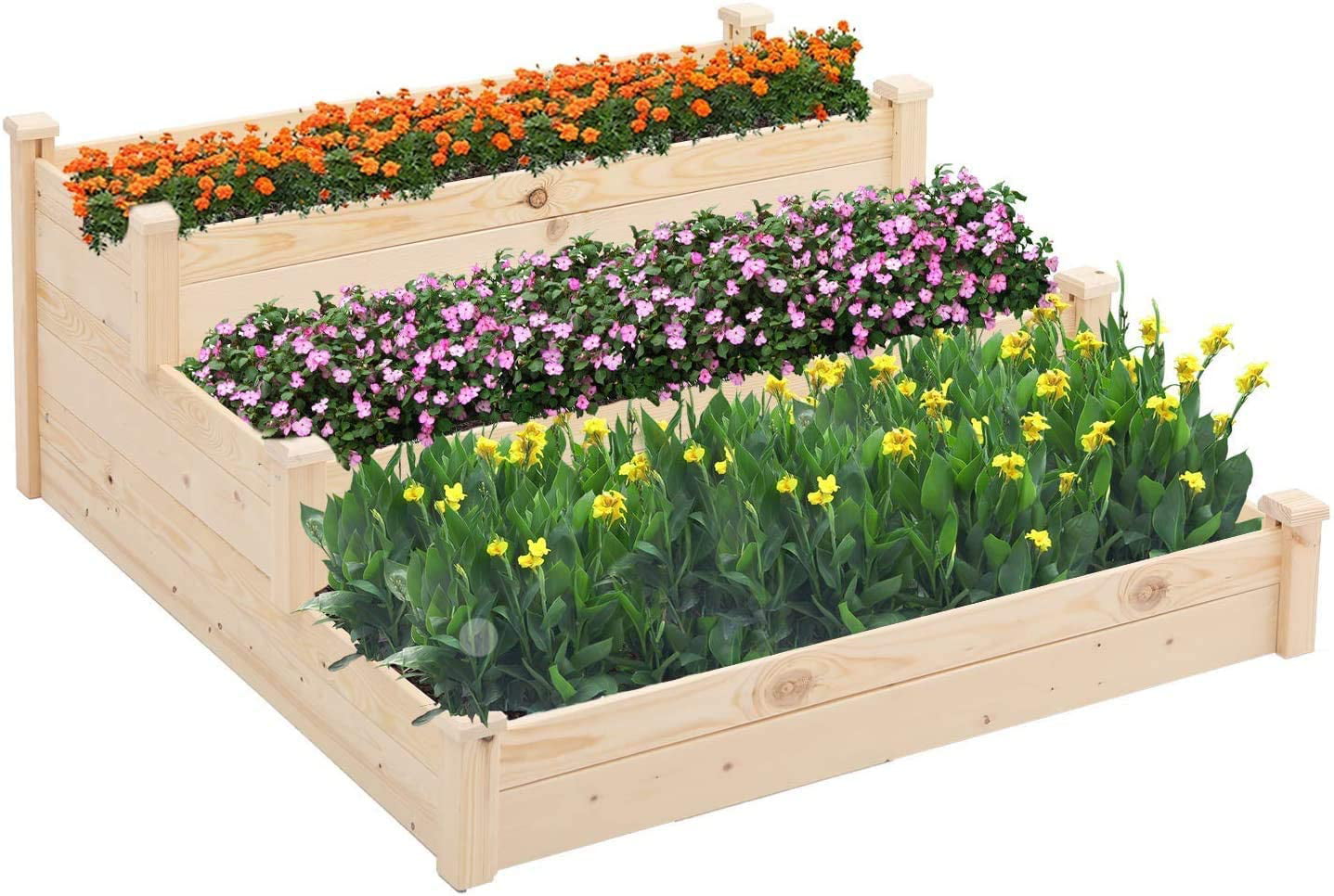 SOLAURA 4ft 3 Tier Patio Wooden Raised Garden Bed Outdoor Elevated Planter Box - Natural