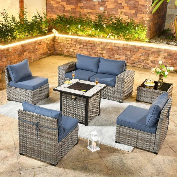 OVIOS Patio Wicker Furniture Wide Arm 7piece Fire Pit Set with Table