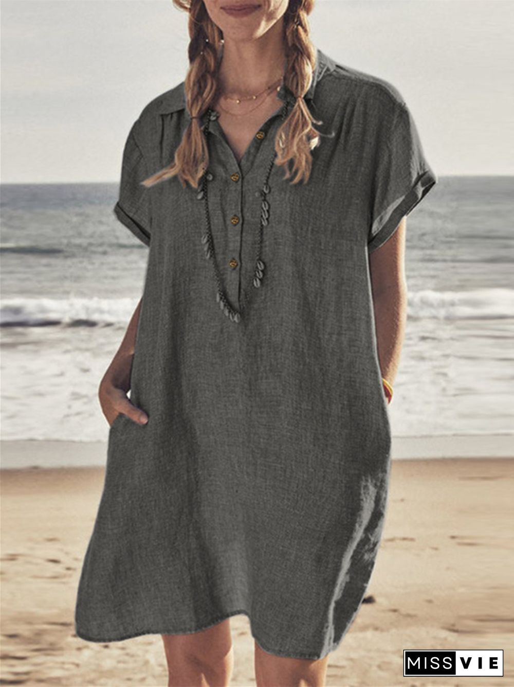 Cotton Linen Shirt Dress Pocket Dress Beach Casual Skirt