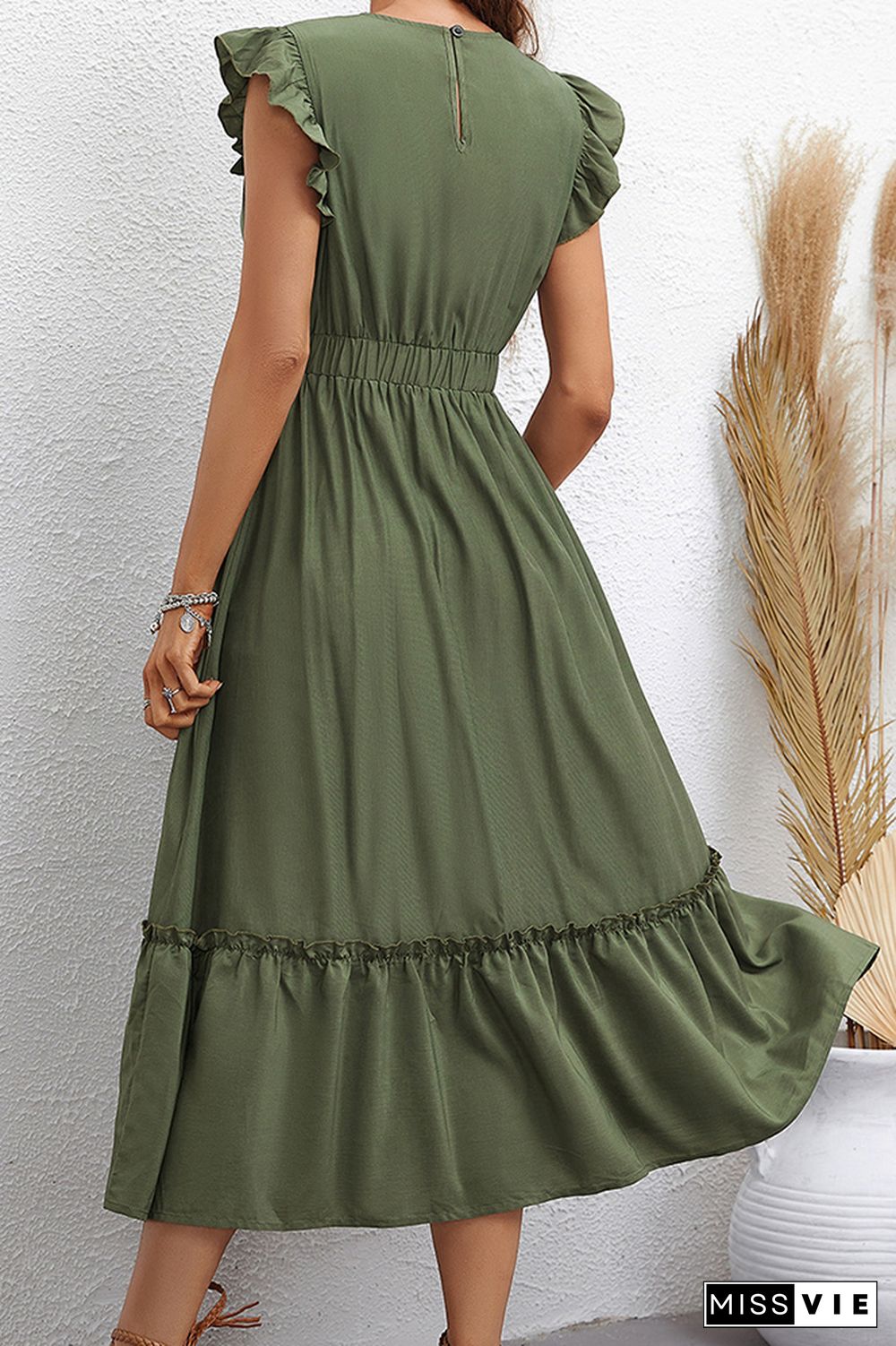 Green Ruffle Button Elastic Waist Long Dress