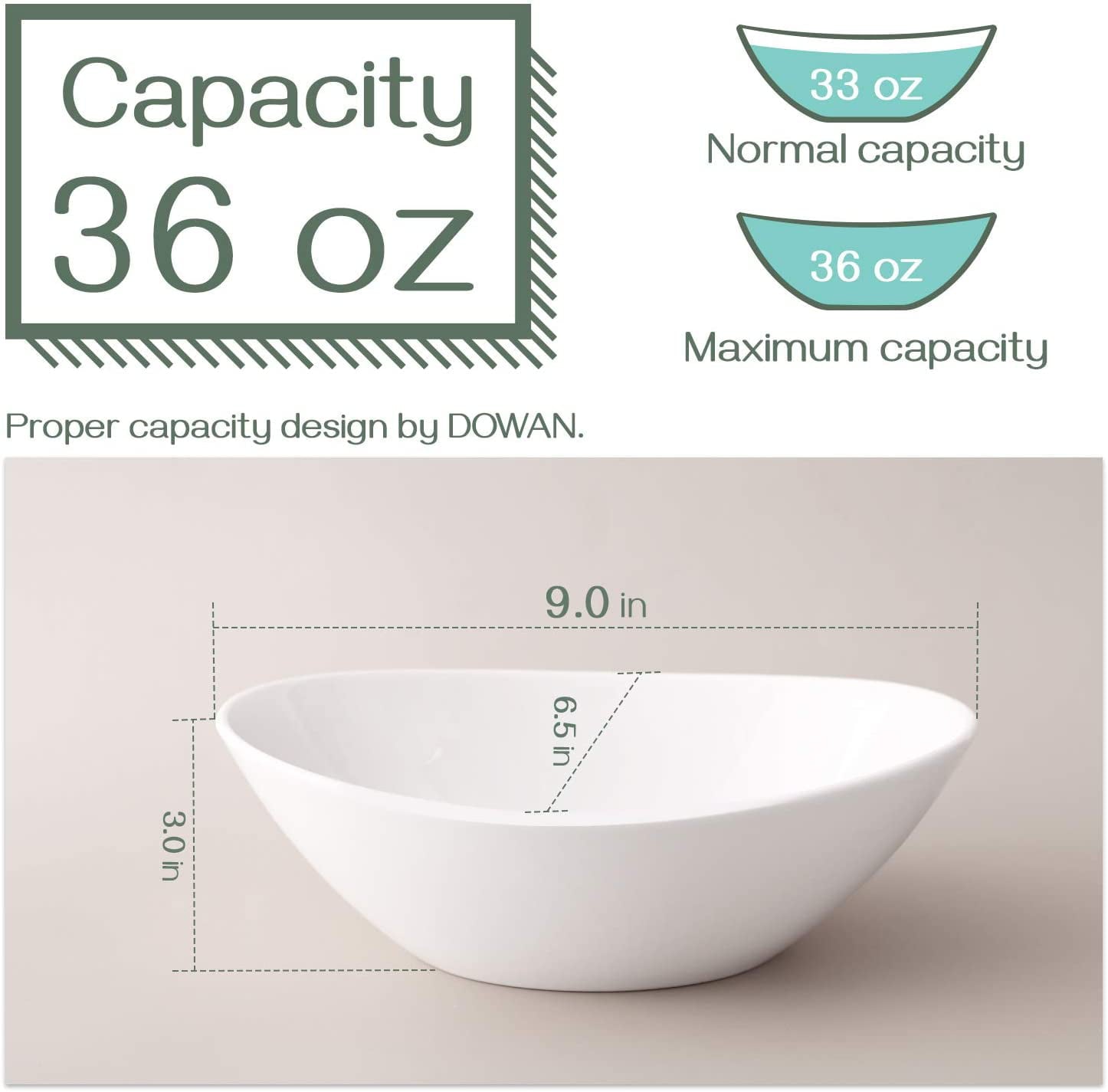 DOWAN 9 Porcelain Serving Bowls， Large Serving Dishes， 36 Ounce for Salads， Side Dishes， Pasta， Oval Shape， Microwave and Dishwasher Safe， Good Size for Dinner Parties， Set of 4， White