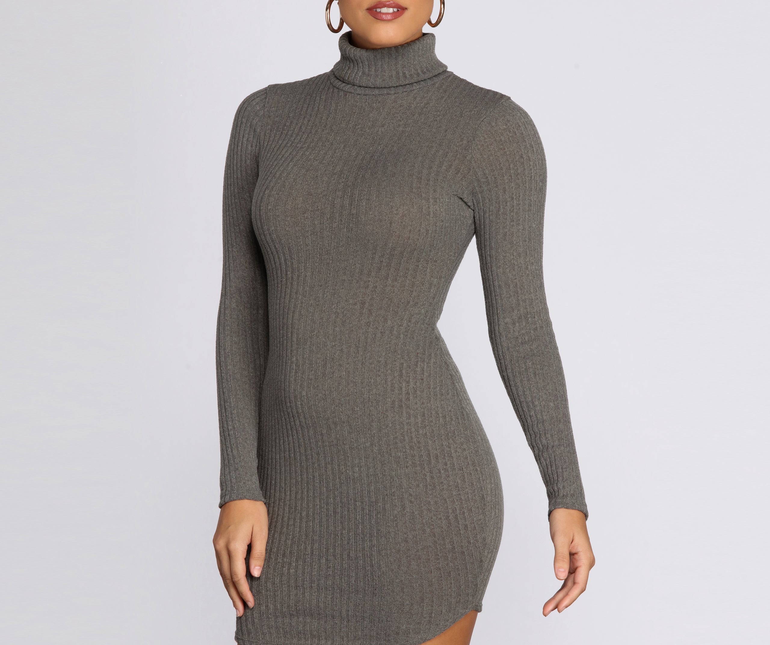 Turtleneck Long Sleeve Ribbed Knit Mini Dress