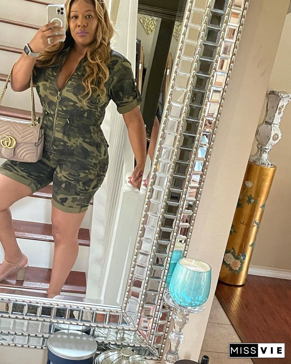 Camo Short Sleeve Turn Down Collar Zipper Romper