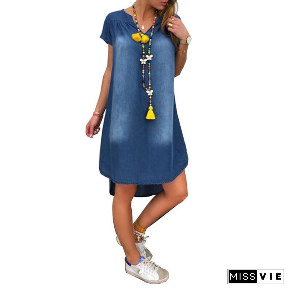 Women Fashion Summer Plus Size Short Sleeve Loose Denim Mini Jeans Dress