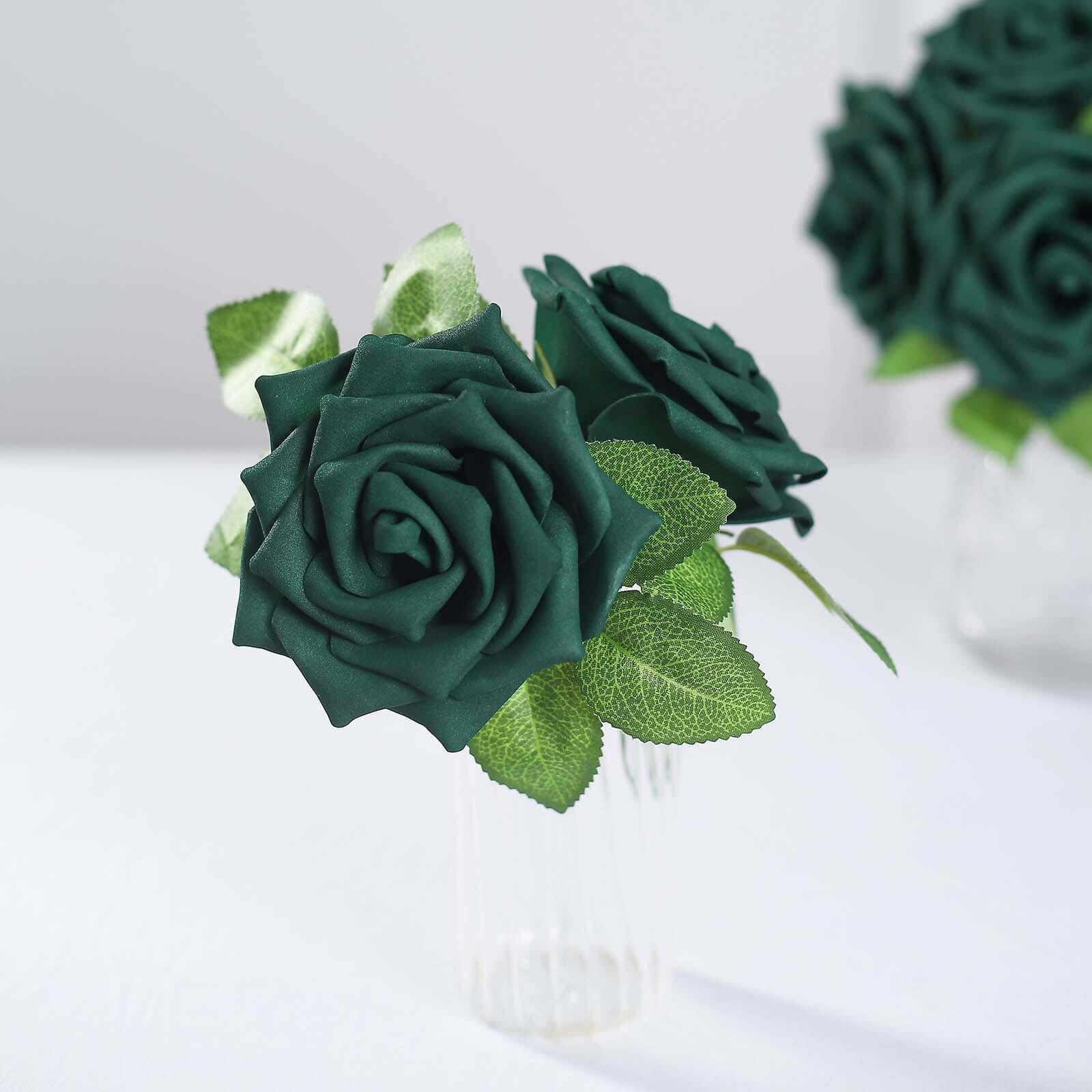 24 Roses Hunter Emerald Green Artificial Foam Flowers With Stem Wire and Leaves 5