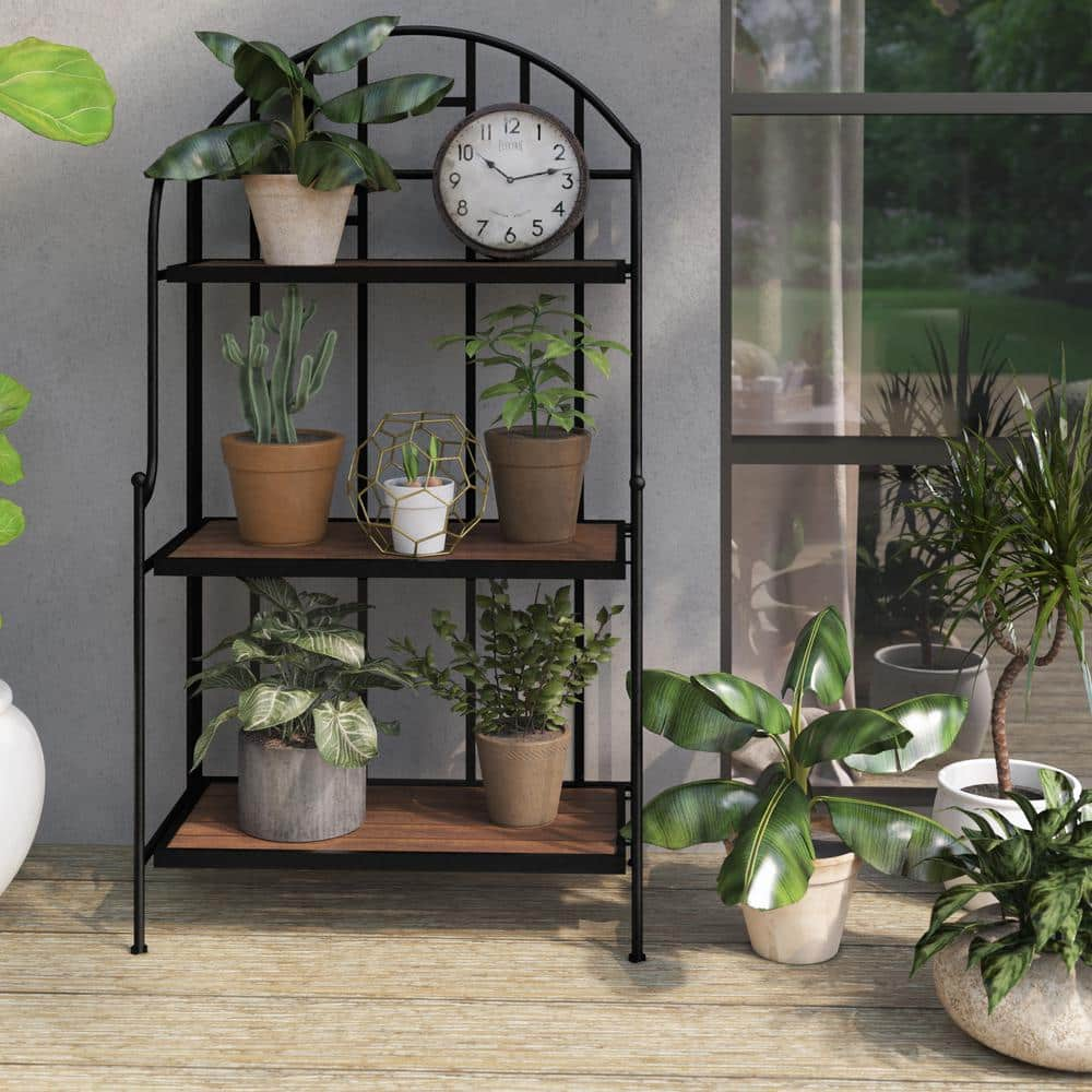 TK CLASSICS 3-Tier Outdoor Folding Metal Plant Stand with Acacia Shelves PS78063-QK691