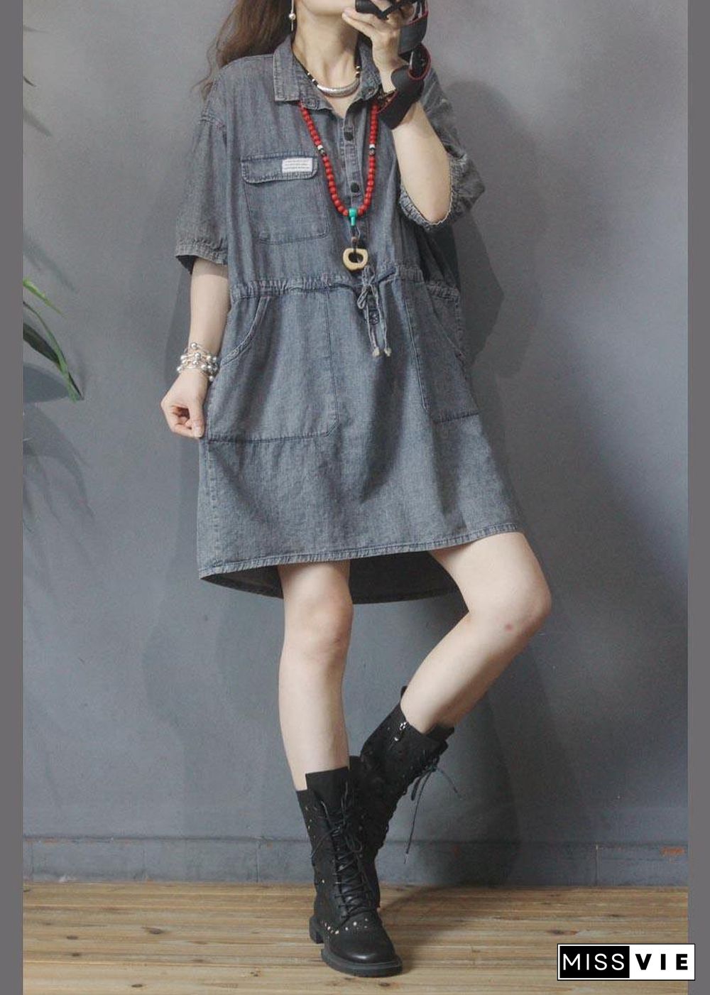 Elegant Denim tie waist Turn-down Collar Maxi Summer Cotton Dress