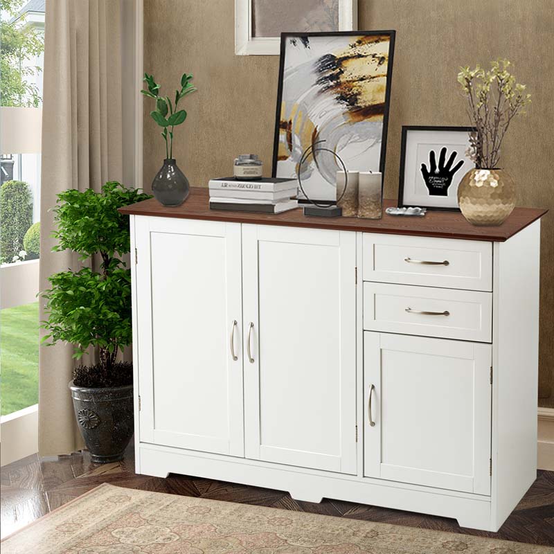 White Buffet Server Sideboard Storage Cabinet Console Table Utensils Organizer with 2-Door Cabinet & 2 Drawers