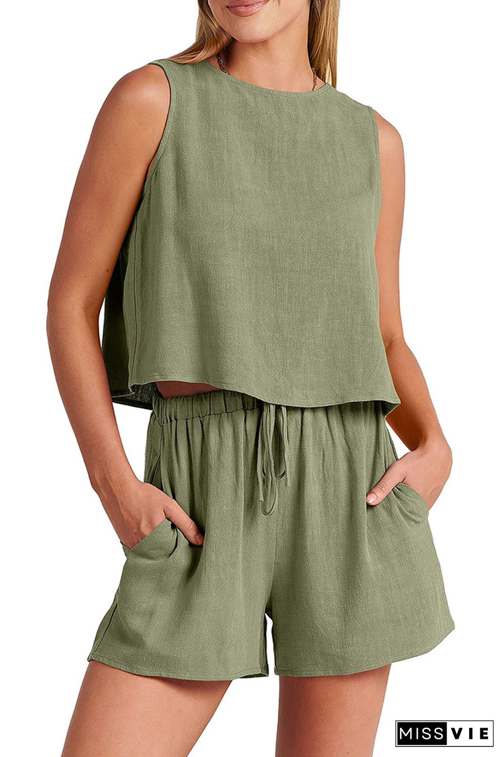 Plain Sleeveless Back Buttoned Tank Top With Elastic Waist Shorts Lounge Set