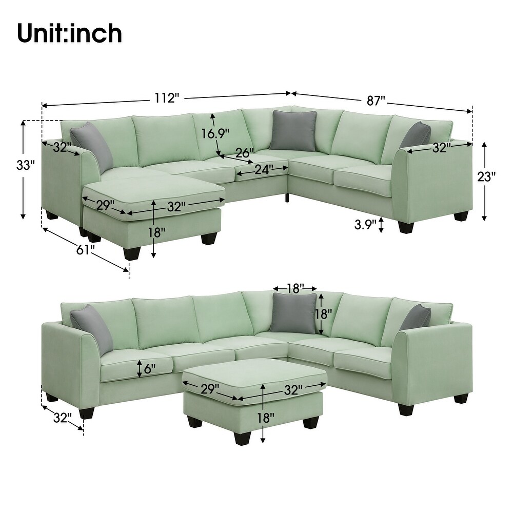 112 inch Sectional Sleeper Sofa Living Room Sets with 7 High Quality Seats and 3 Pillows  L Shape Fabric Cushions Couches