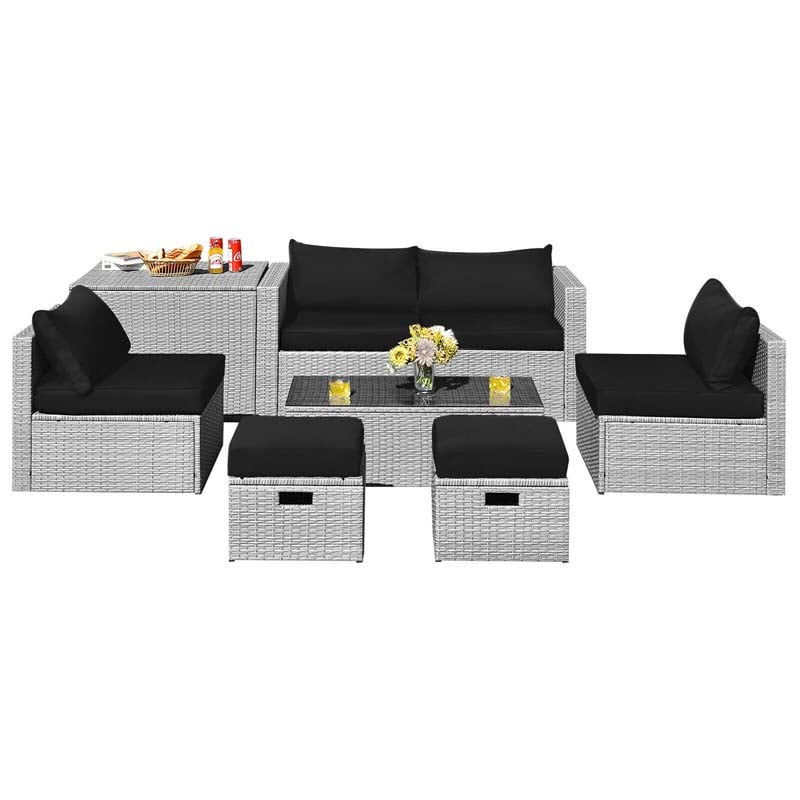 8 Pcs Rattan Patio Sectional Furniture Set Wicker Outdoor Cushioned Sofa Set with Storage Box & Waterproof Cover