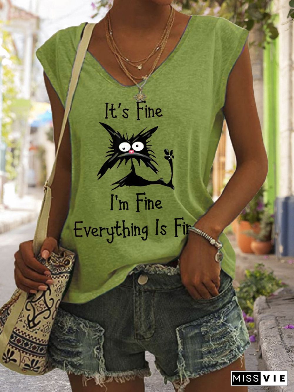 Women's It's Fine I'm Fine Everything Is Fine Funny Cat Print V-Neck Sleeveless Tee