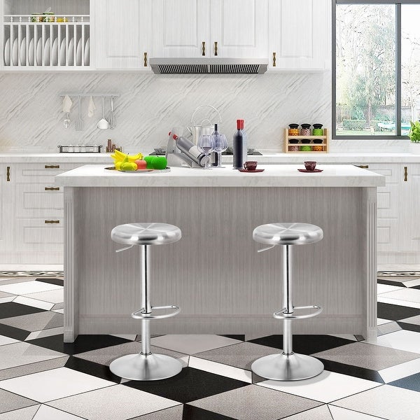 Brushed Stainless Steel Bar Stool Adjustable Height Round Top - Silver - 15.5