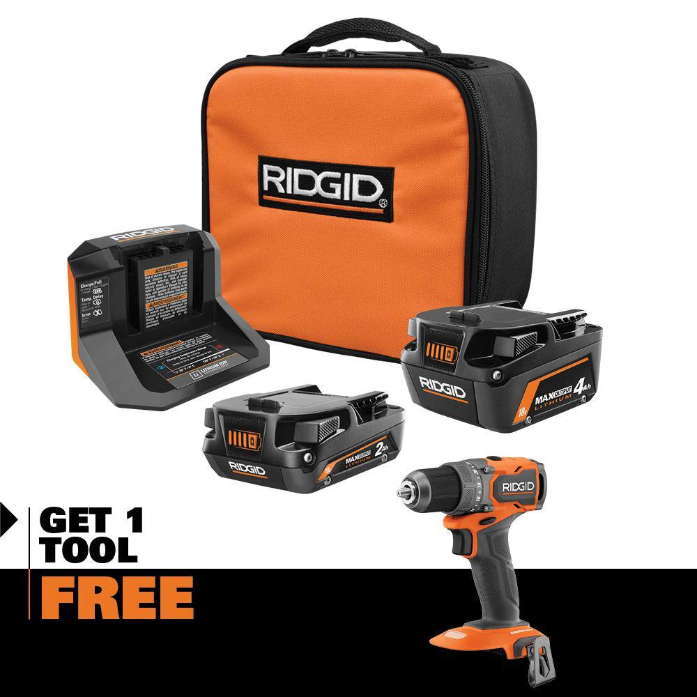 RIDGID 18V MAX Output Kit with 4.0 Ah MAX Output Battery 2.0 Ah Battery Charger  18V SubCompact Brushless DrillDriver AC8400240SB-R87012B