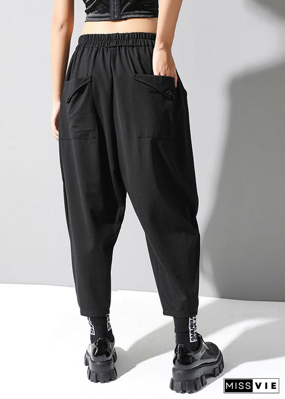 Boho Black Elastic Waist Pockets Casual Fall Harem Pants