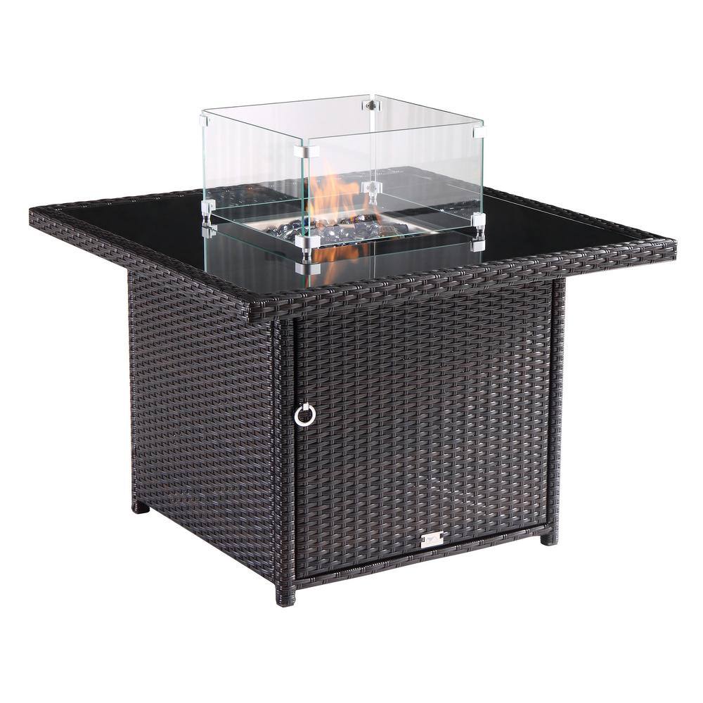 Oakville Furniture Hudson 36 in. X 36 in. Outdoor Square Brown Wicker Aluminum Propane Fire Pit Table In Tempered Glass WFire Glass OVF-WKFT36