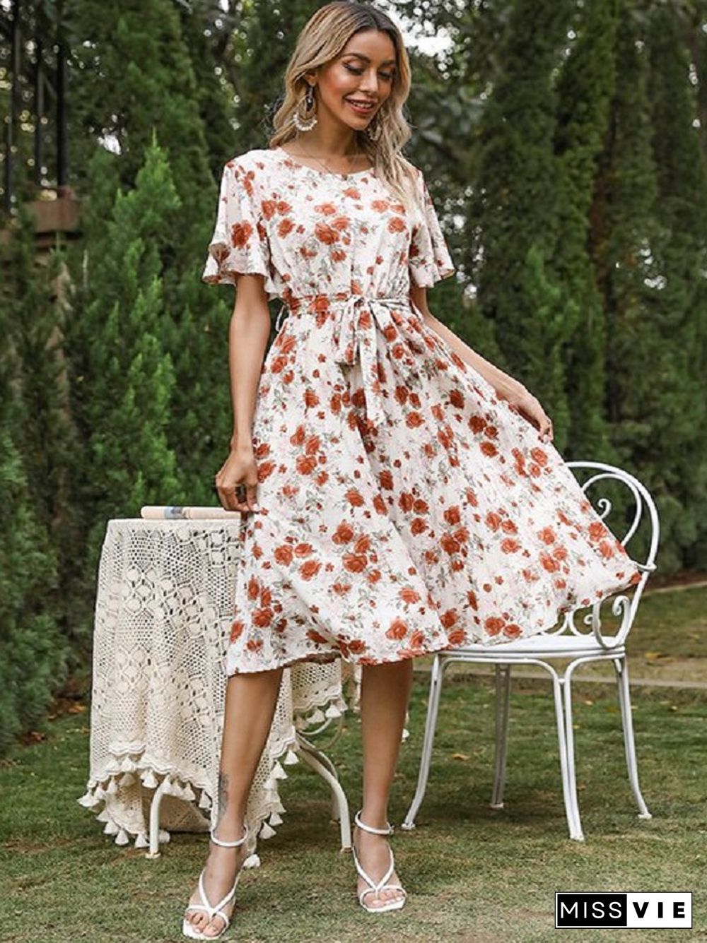 Printed Lotus Leaf Sleeve Round Neck Dress