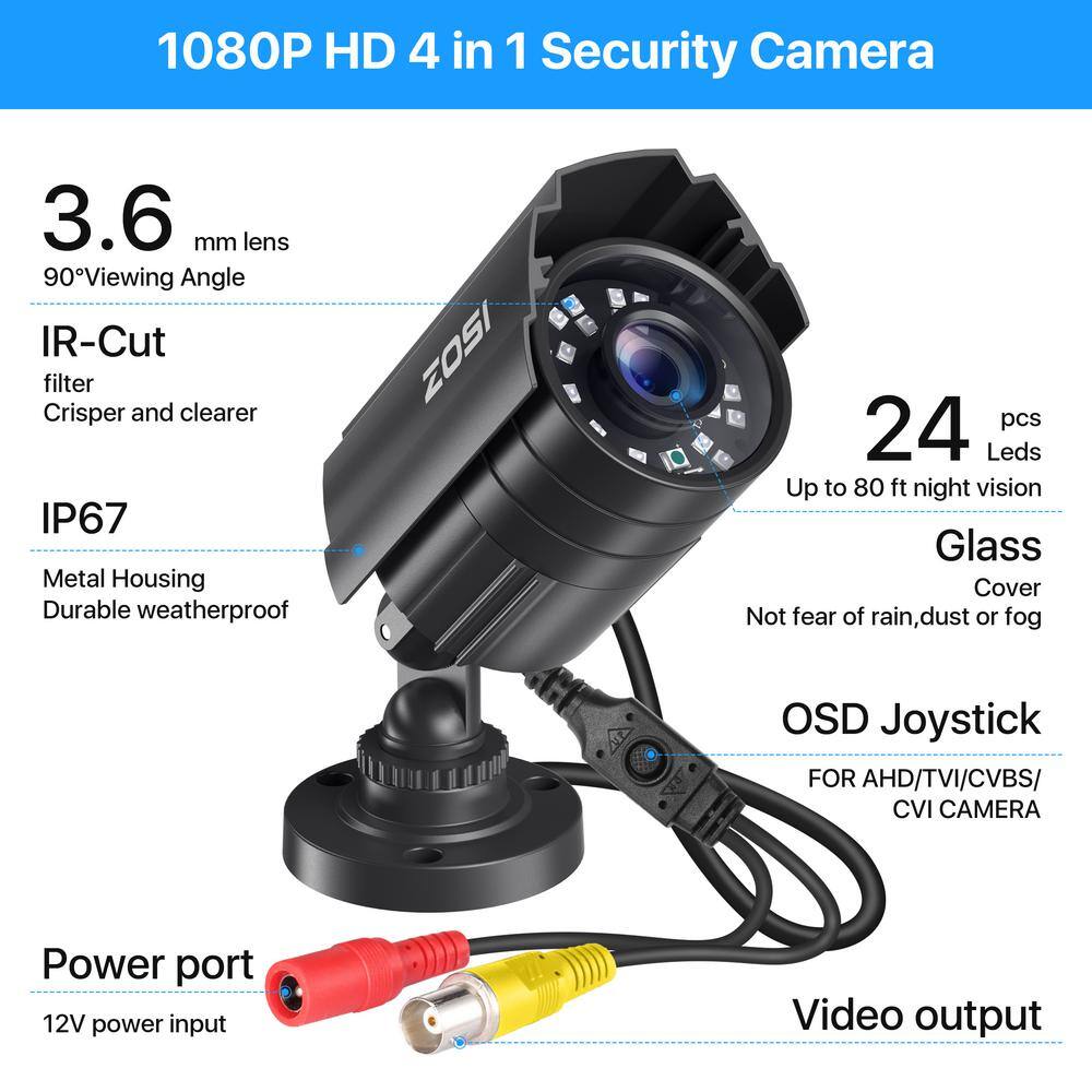 ZOSI 4-In-1 Wired 1080P FHD Outdoor Home Security Camera Compatible with TVIAHDCVI Analog DVR 80 ft. Night Vision 1AC-2112C-BS-US*2