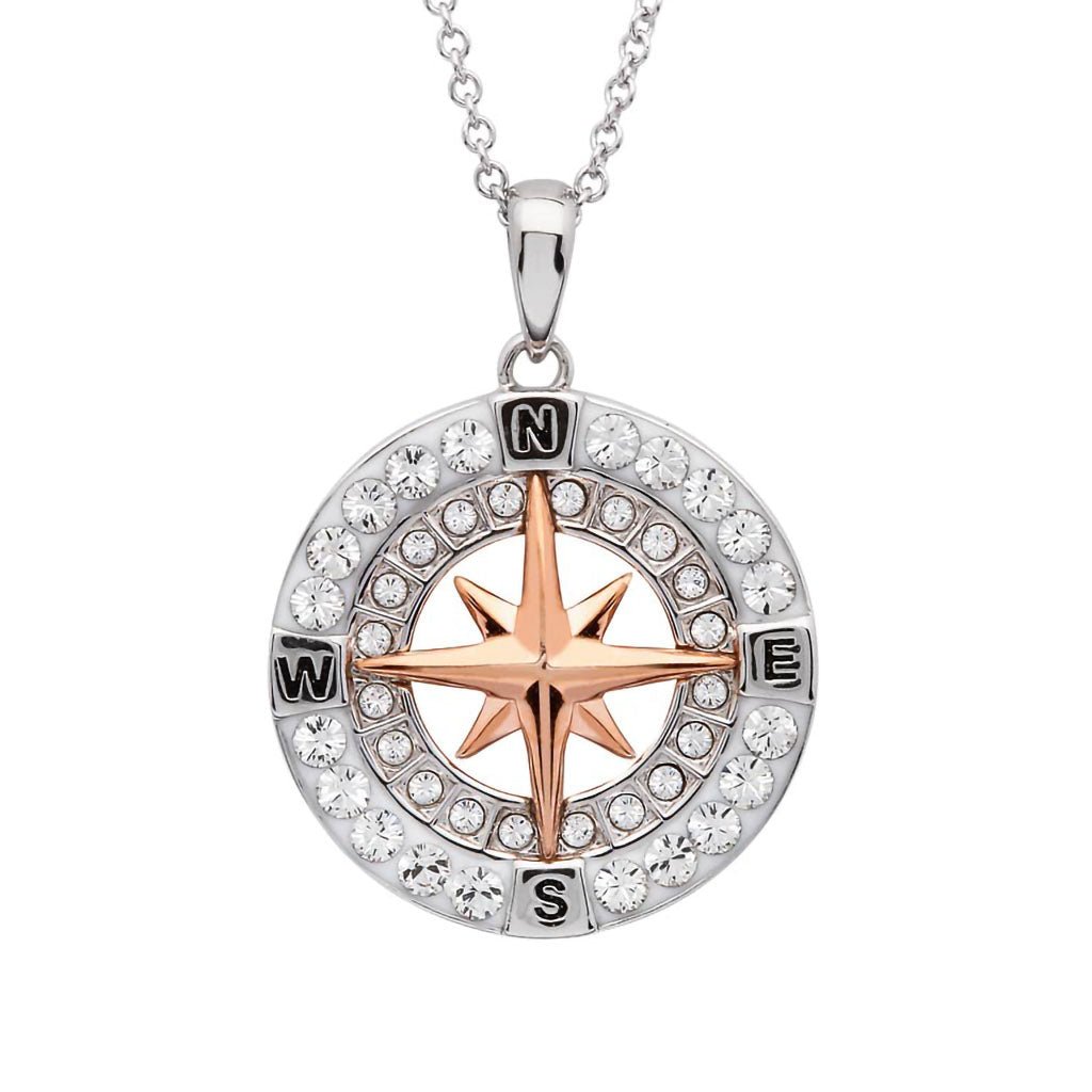 Ocean  Rose Gold Compass Necklace with Aqua Crystals