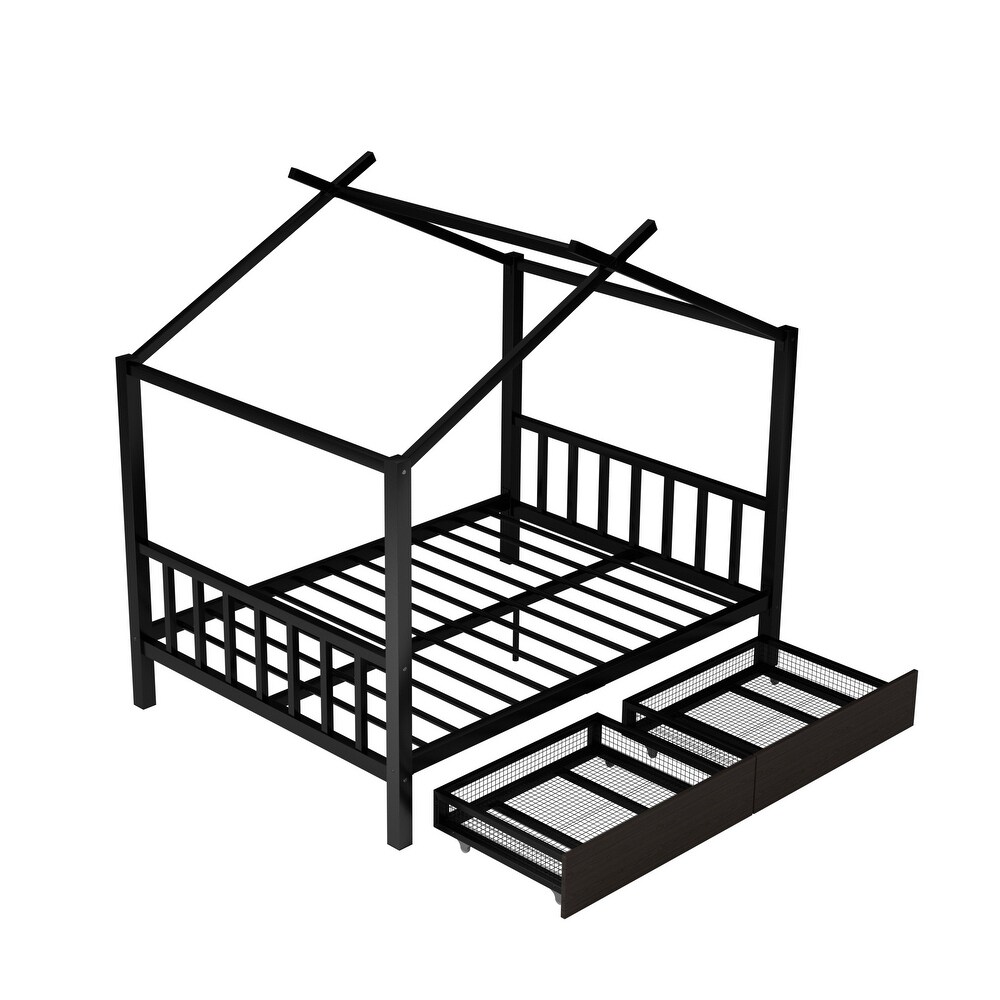 Full Size Metal House Platform Bed with Headboard and Footboard Roof Design Two Drawers Safe Guaranteed