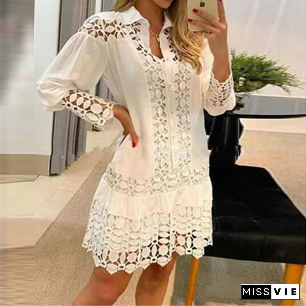 New Elegant Hollow Out Ruffle Women Dress Fashion Solid Color Casual Shirt Dresses Autumn Long Sleeve Loose Sexy Mini Dress