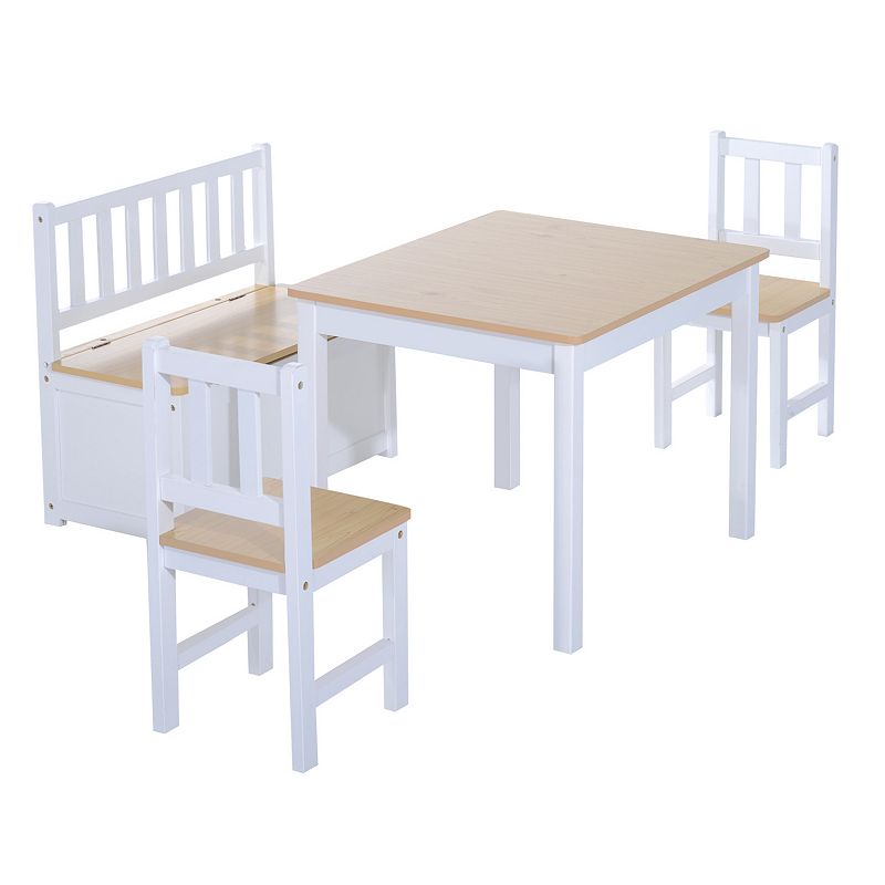 Qaba 4 Piece Kids Table Set with 2 Wooden Chairs 1 Storage Bench and Interesting Modern Design Natural/White