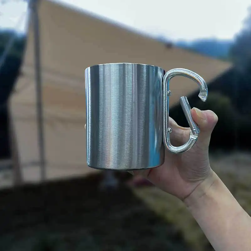 Picnic Outdoor Water Cup Portable Coffee Mug Stainless Steel Wall Mug Camping Mug with Carabiner