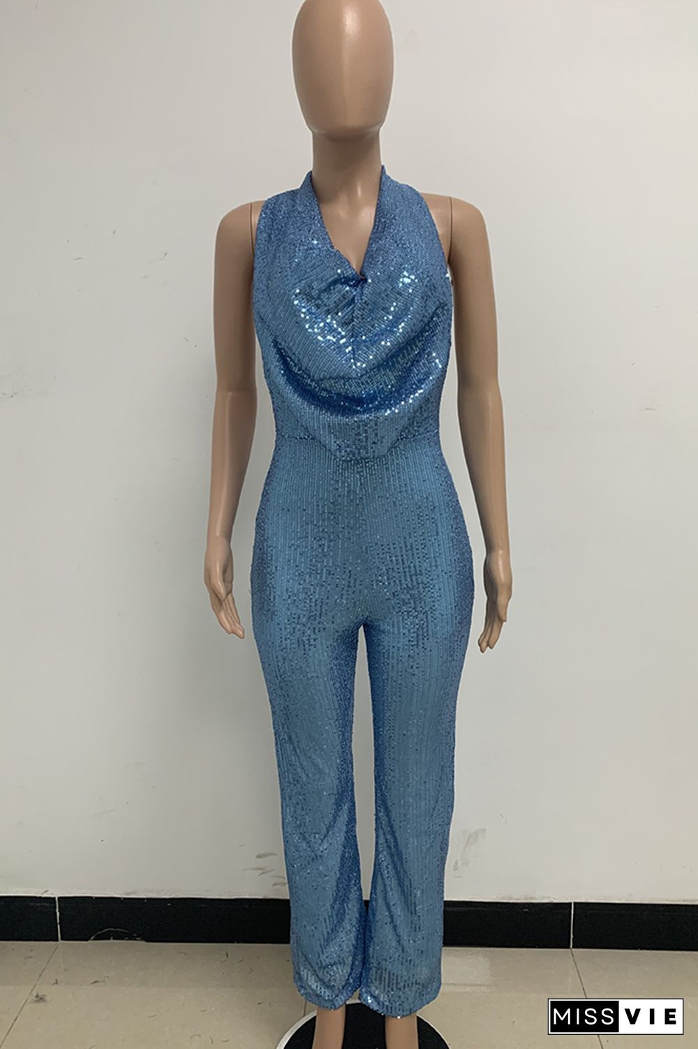 Sleeveless Halter Sequin Glitter One Piece Jumpsuit