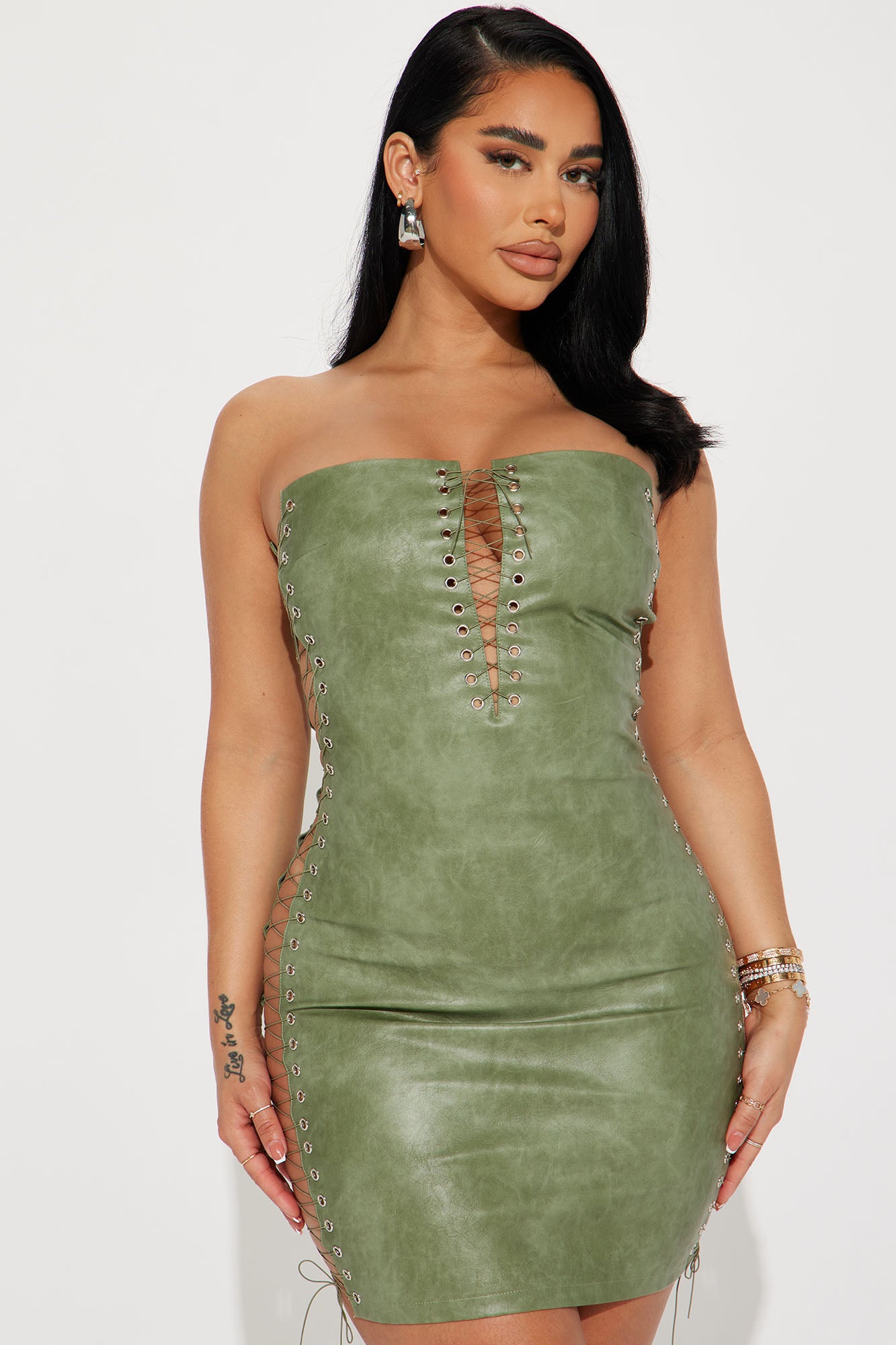 Cassie Leather Mini Dress - Olive