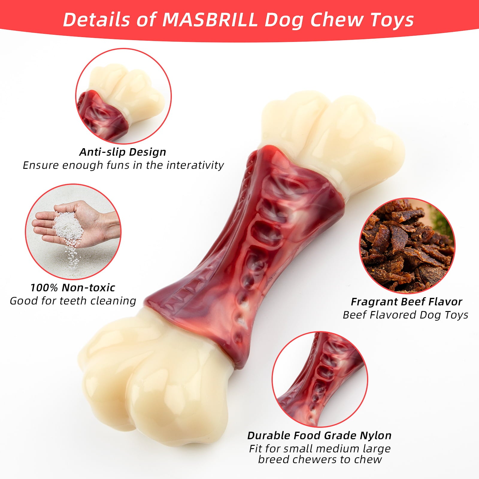 MASBRILL Large Dog Toys for Aggressive Chewers， Dog Toys for Large Dogs， Tough Dog Bone Chew Toys for Medium/ Large Dogs， Toothbrush Dog Toys for Aggressive Chewers Large Breed