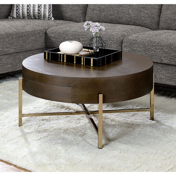 Contemporary Rotundity Coffee Table with Dark Oak finish， Wood Sofa Table with Open Base Metal 