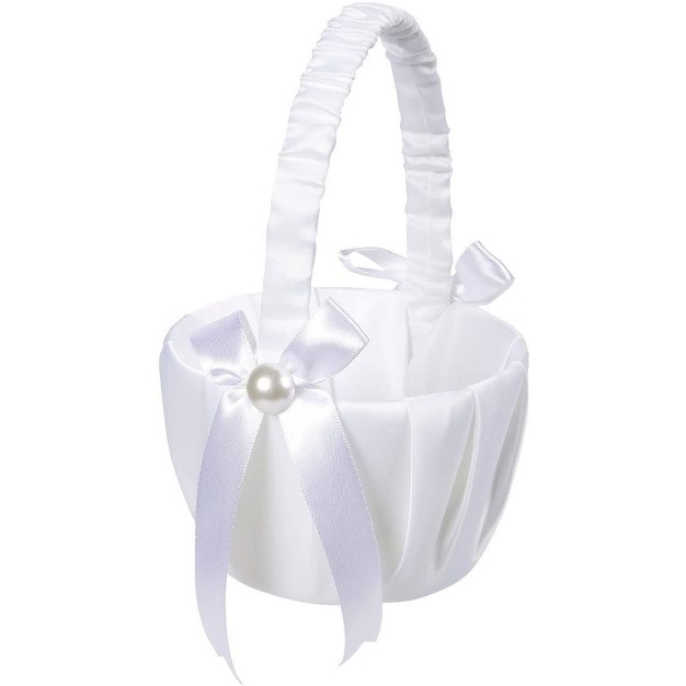 Juvale White Flower Girl Basket For Weddings Flower Pedal Basket In Satin Bowknot And Pearl Design 8 X 5 2 X 6 In