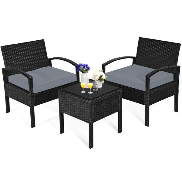 3 Pieces Outdoor Rattan Patio Conversation Set with Seat Cushions -  - 37563811