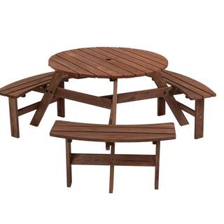 Sudzendf 6-Person Circular Brown Outdoor Wooden Picnic Table with 3 Built-in Benches TOUTD658