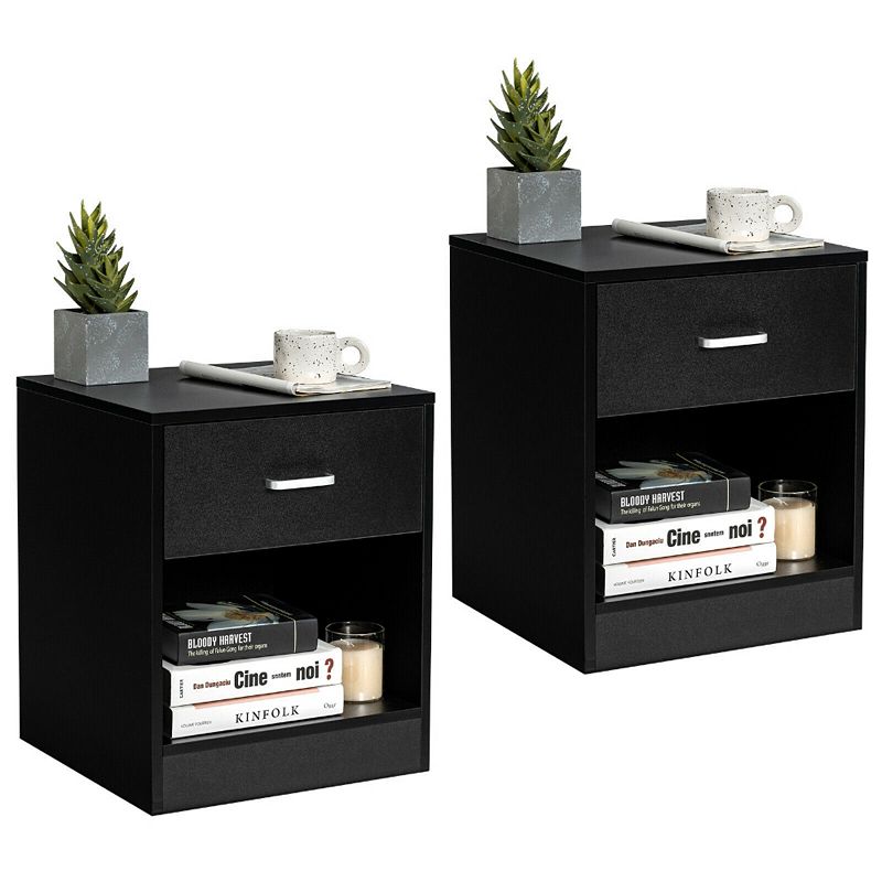 2 Pieces Nightstand with Storage Drawer and Cabinet