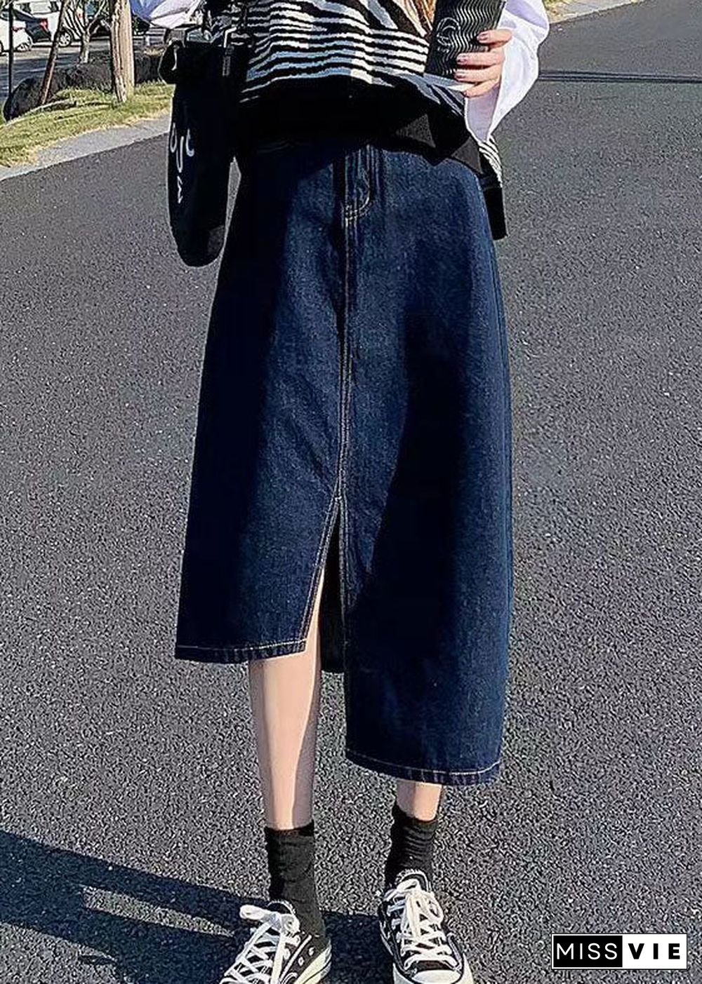 Elegant Navy Side Open Asymmetrical Pocket Cotton Denim Wraped Skirts Summer