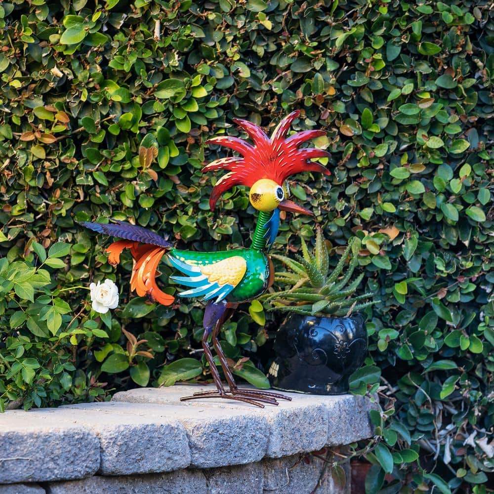 Alpine Corporation 18 in. Tall Indoor/Outdoor Wacky Metal Rooster Yard Statue Decoration MZP388