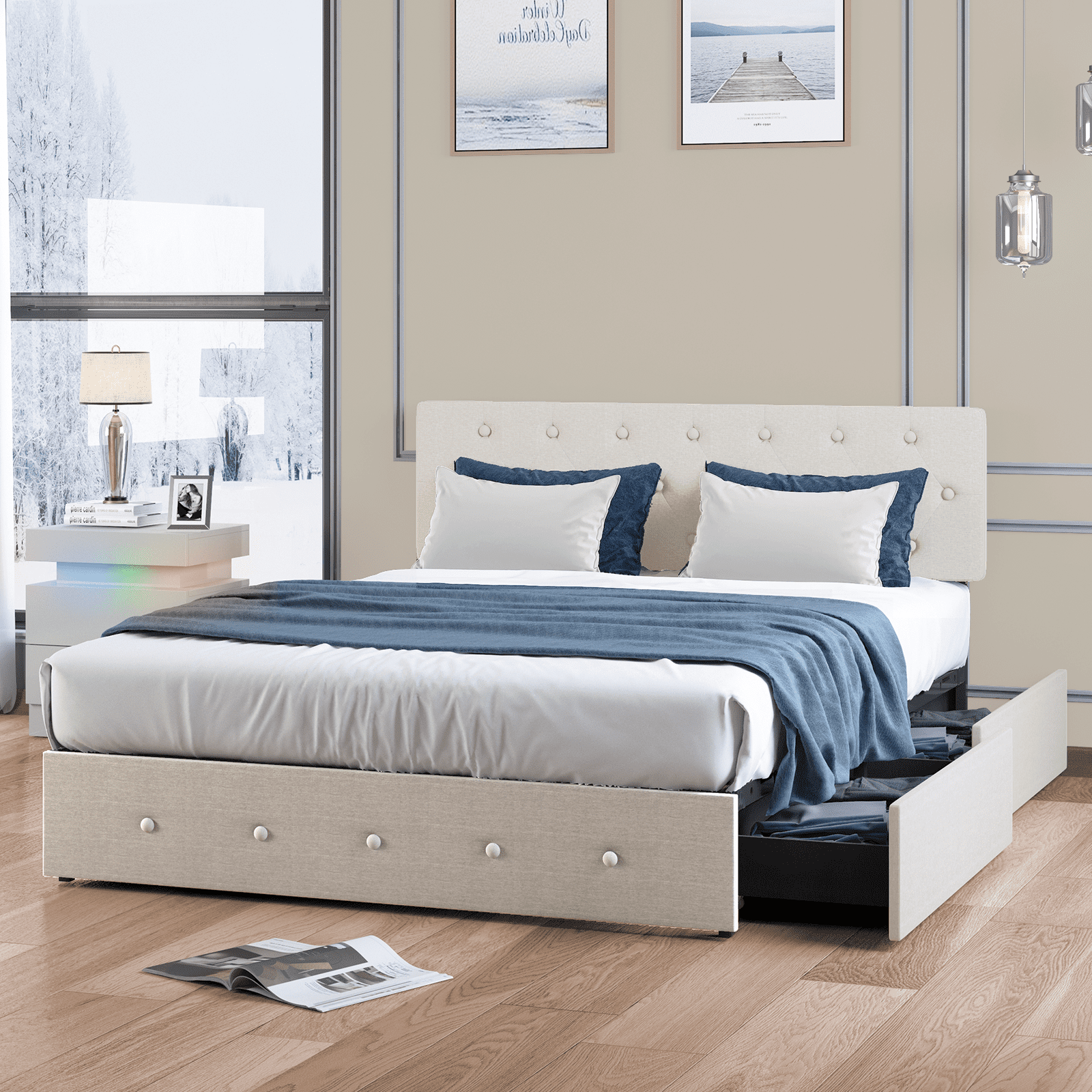 MUZZ Full Size Adult Platform Bed Frame with Adjustable Headboard (Full, Beige)