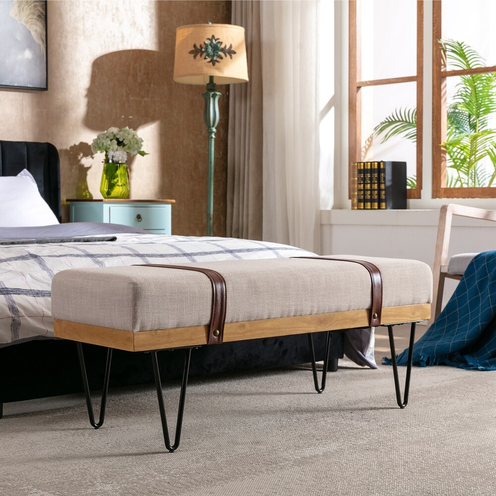 Upholstered solid wood frame Rectangle bed bench with metal legs