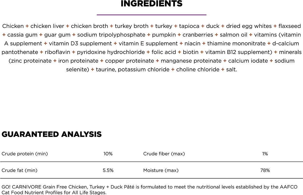 Go! CARNIVORE Grain-Free Chicken， Turkey + Duck Pate Cat Food