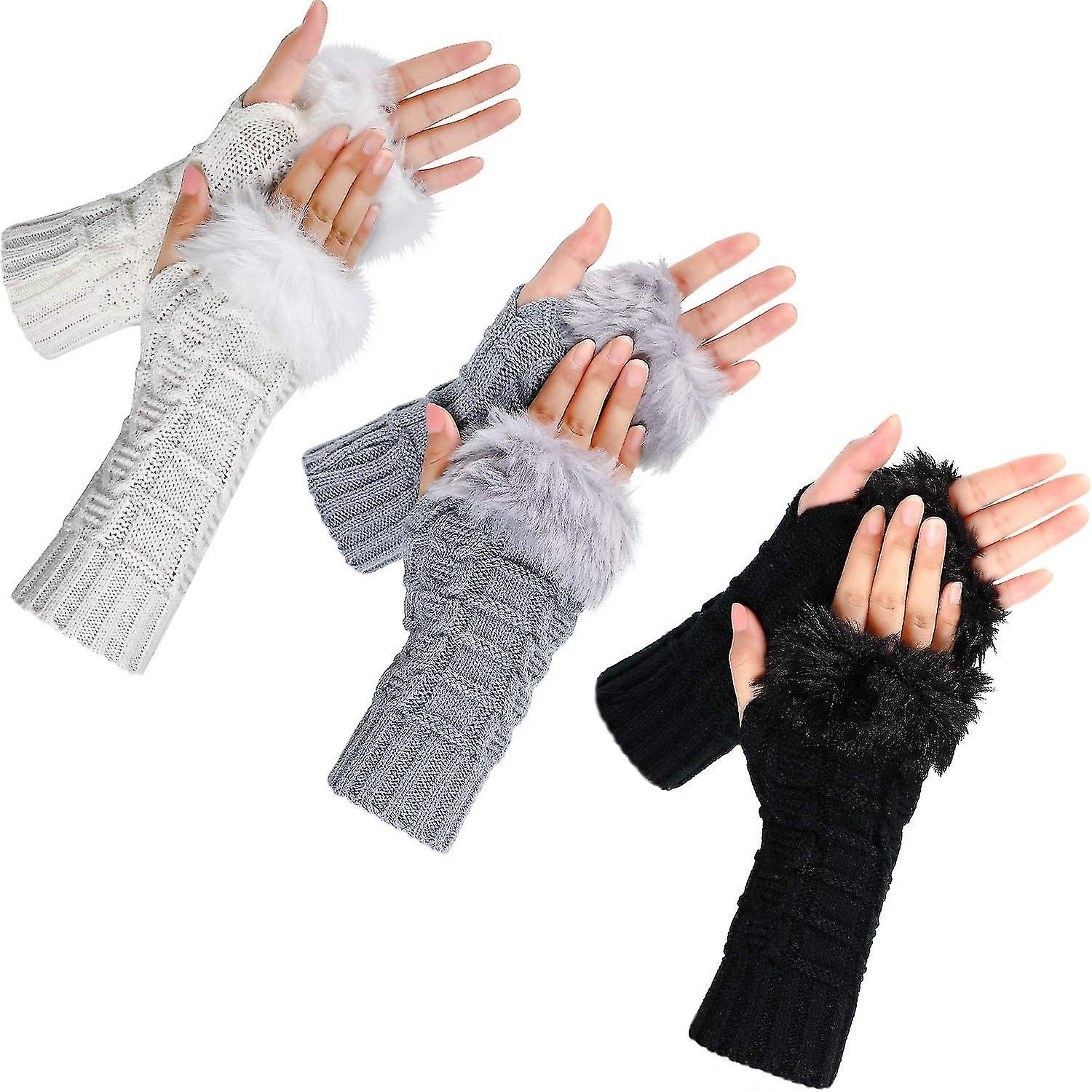 3 Pairs Fingerless Winter Gloves Faux Fur Crochet Warm Middle Length Thumb Hole