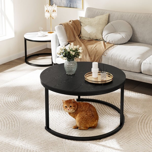 Modern Nesting Round Coffee Table Set of 2 for Living Room Black and White